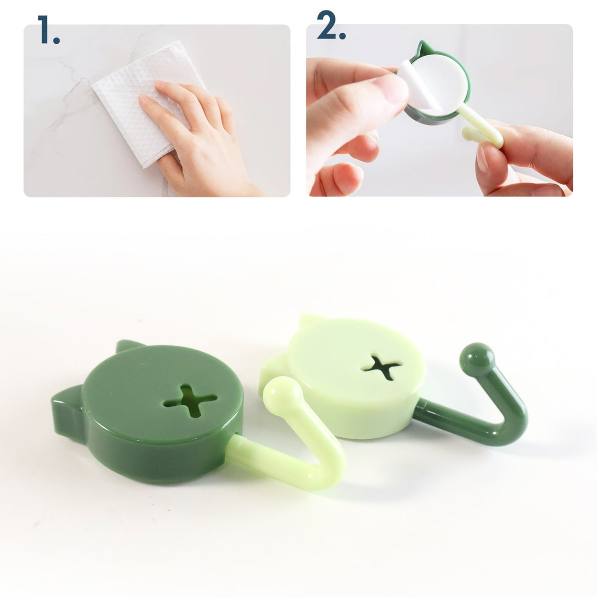 A split image showing a hand wiping a surface and another hand applying a self-adhesive hook, with two hooks below.