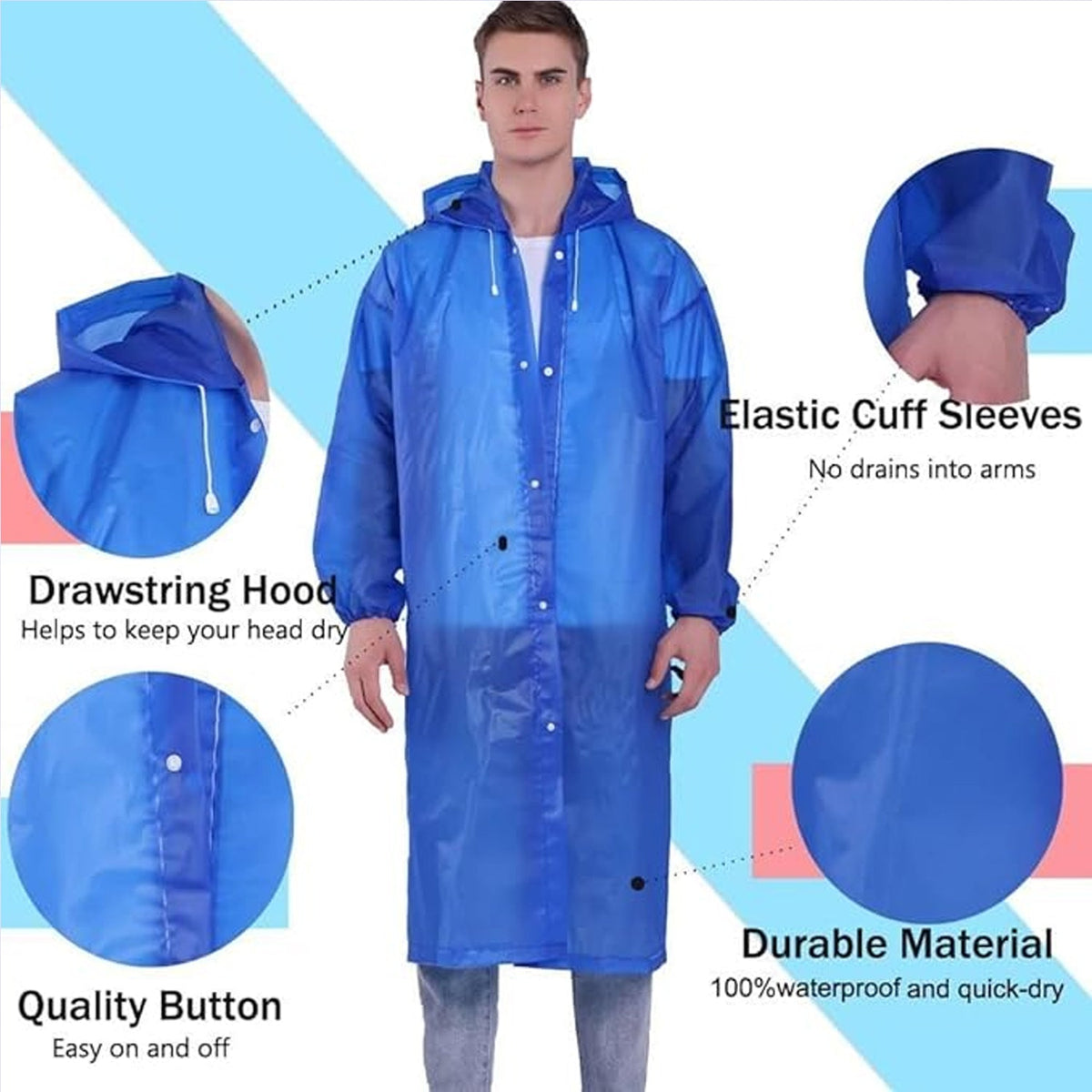 A man in a blue EVA raincoat with callouts for elastic cuff sleeves, drawstring hood, and durable material.