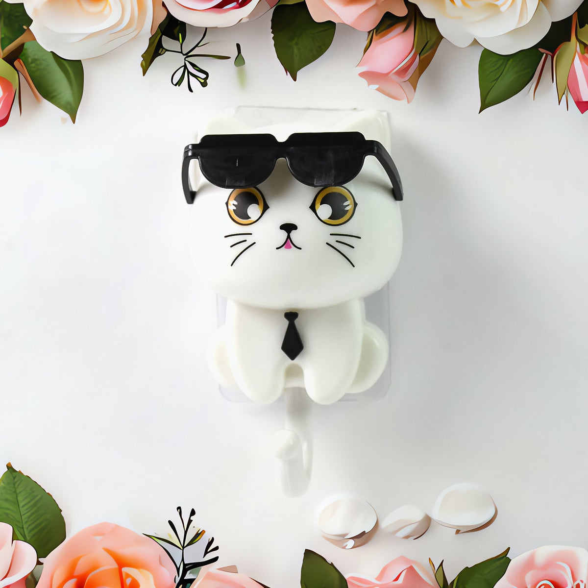 White cat-shaped wall hook with sunglasses and a tie, on a white background with pink floral border.