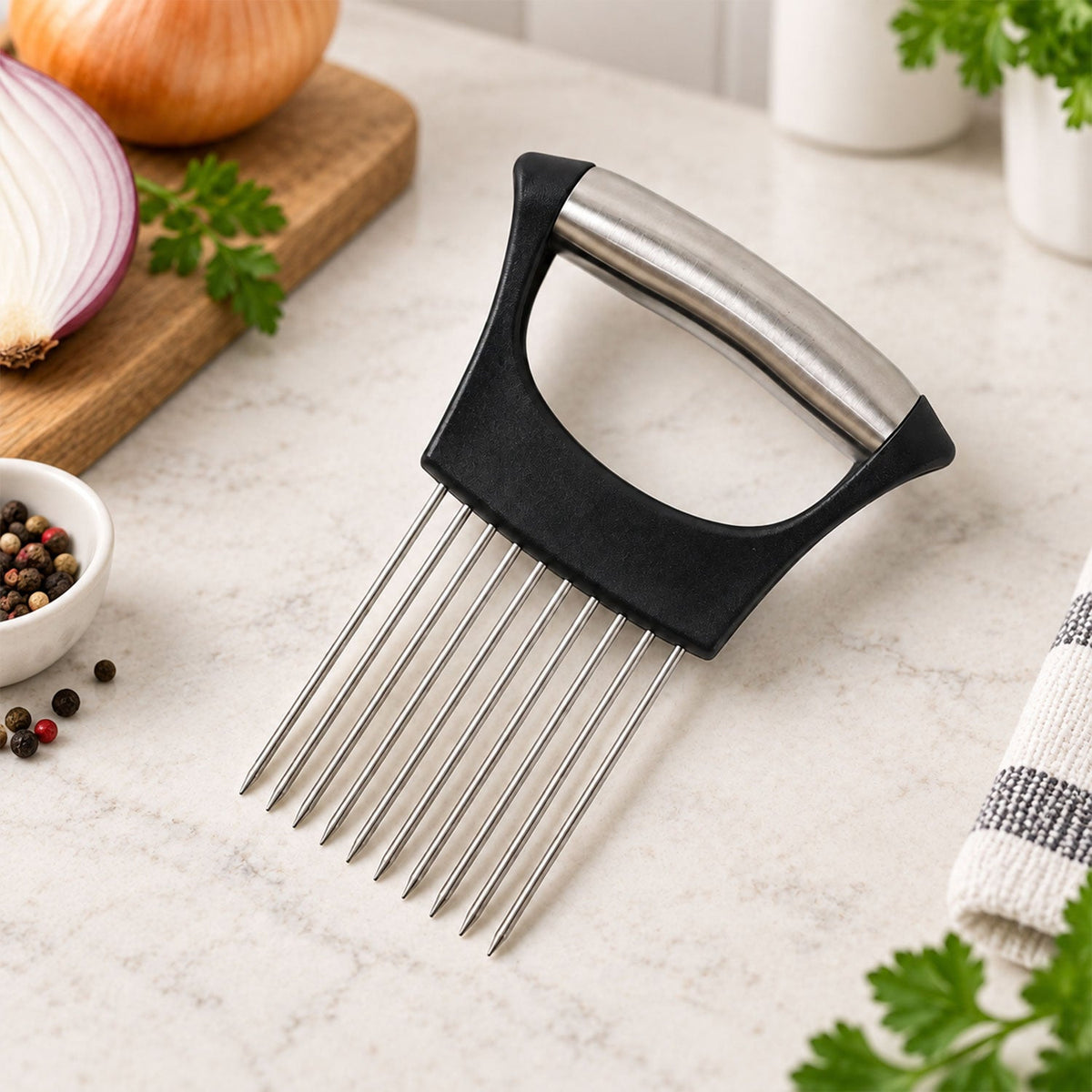 A black and silver onion holder rests on a white counter, with a cut red onion and peppercorns in the background.