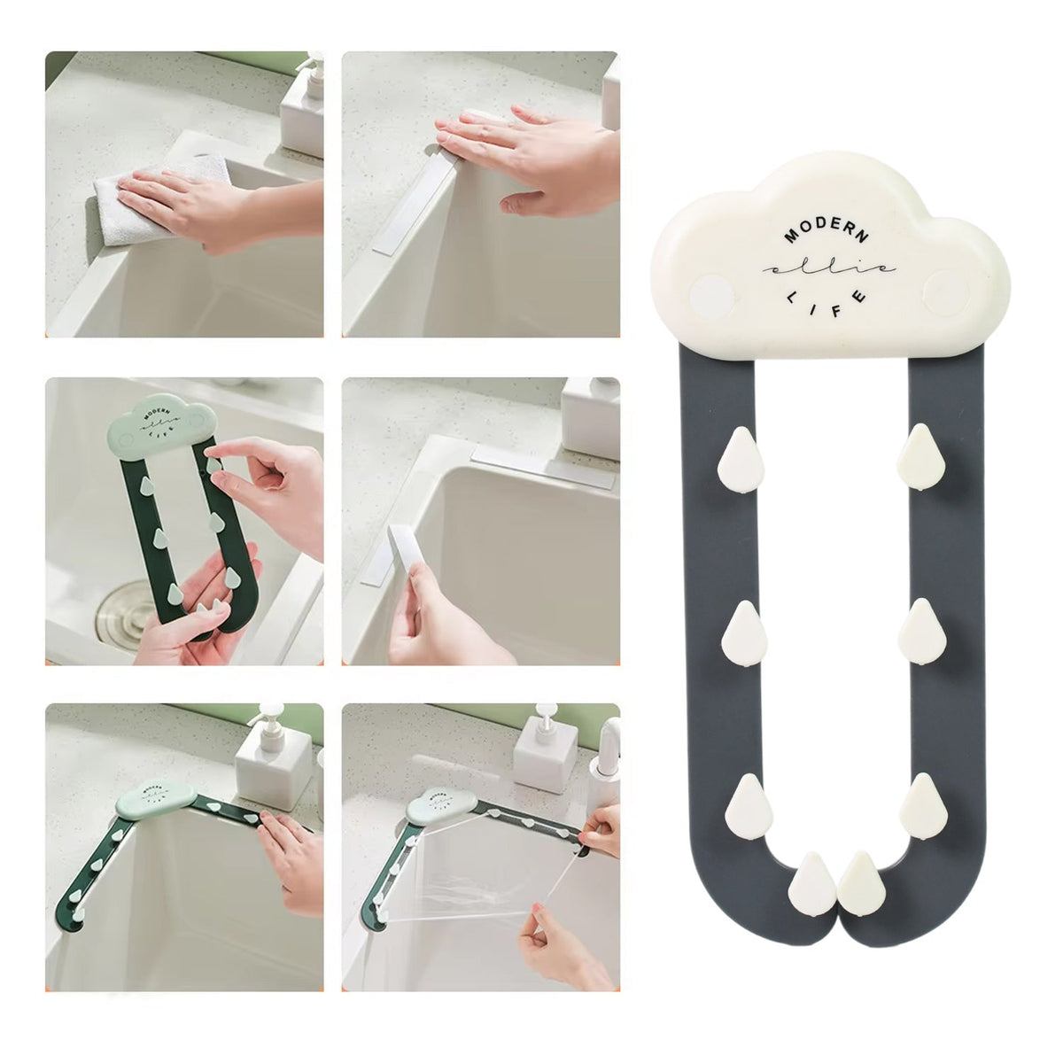 A white cloud-shaped holder with dark grey rain-like arms and white raindrop hooks. A grid of small images shows the holder