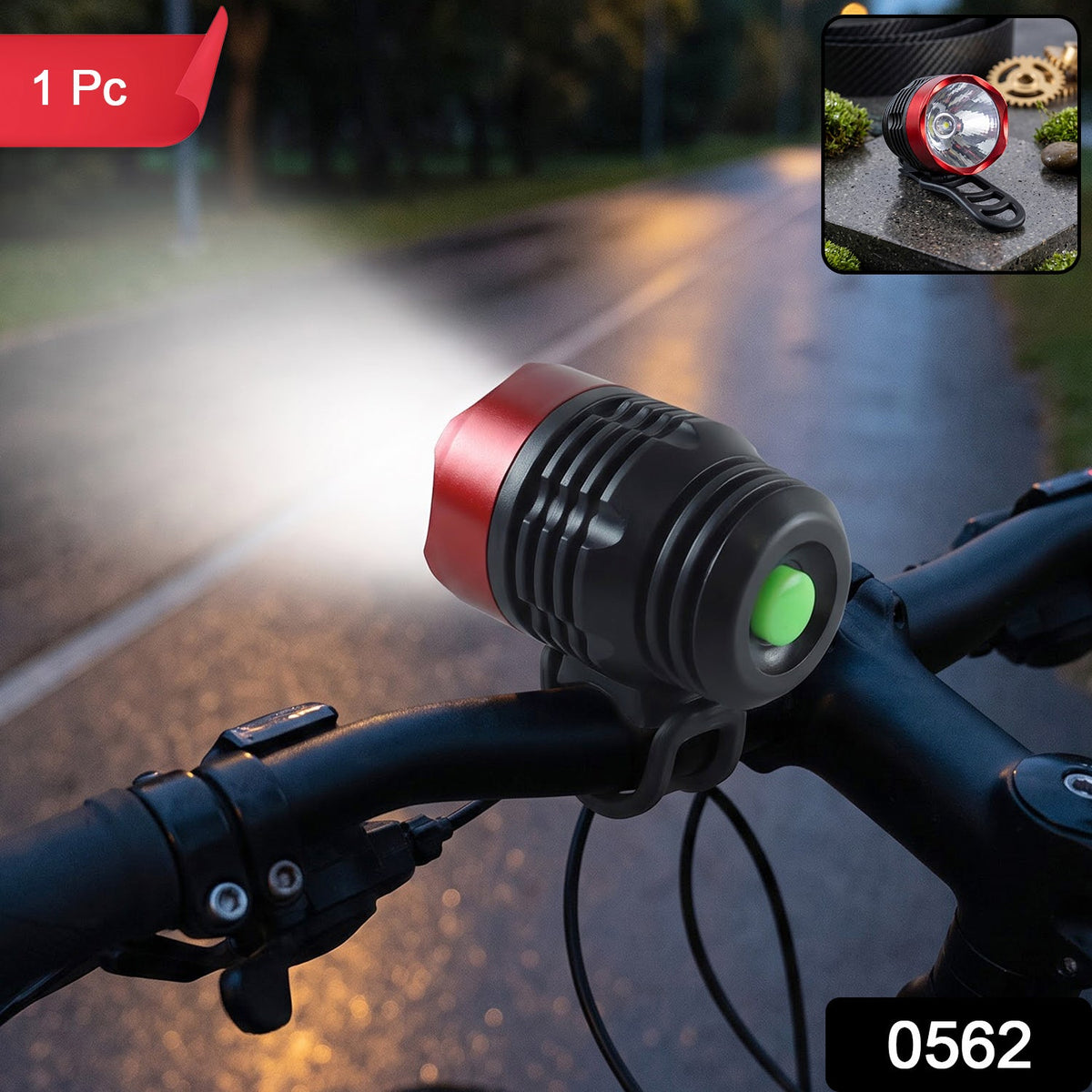 A red and black bicycle headlight with a green button illuminates a dark road from a bike's handlebars, with a '1 Pc' label.