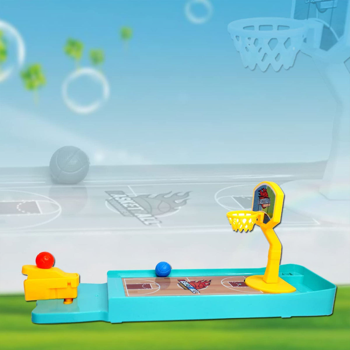 The miniature basketball game on a light blue court background with a blurred, larger basketball hoop in the distance.