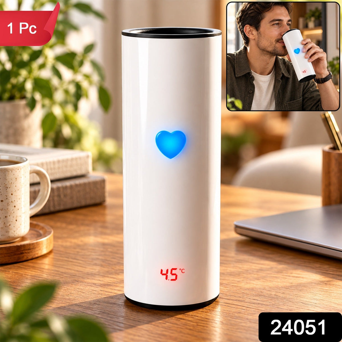 A white thermal tumbler displaying a blue heart and 45 degrees Celsius, with a man drinking from a similar cup inset.