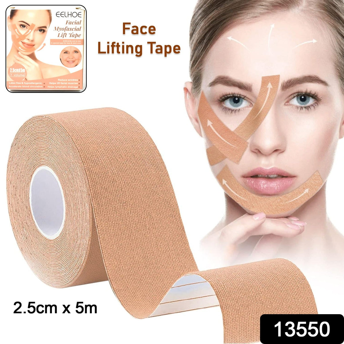 A large roll of tan face lifting tape with a woman's face in the background showing tape applied to her cheeks and jawline.