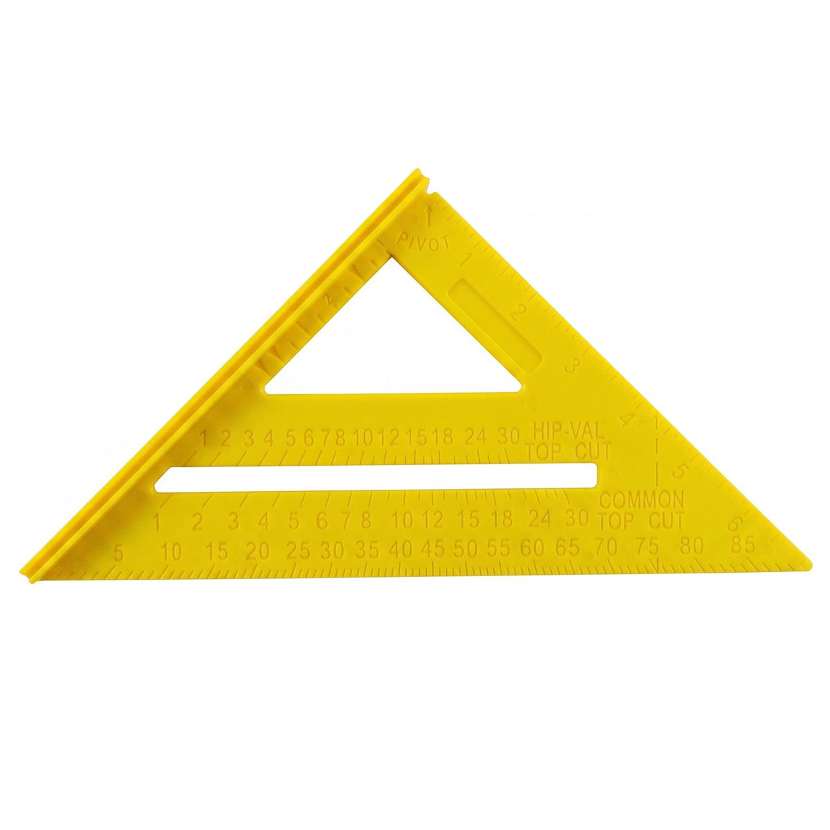 A bright yellow plastic speed square ruler with black markings is centered on a plain white background.