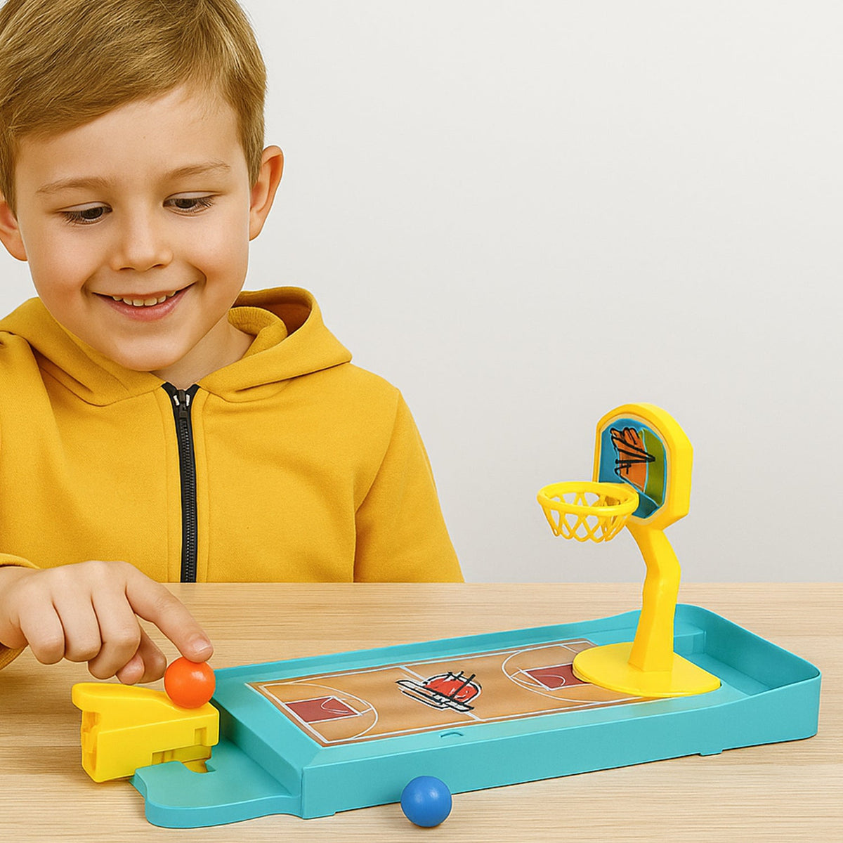 A smiling boy in a yellow hoodie plays with the miniature basketball game, pressing the launcher with his finger.