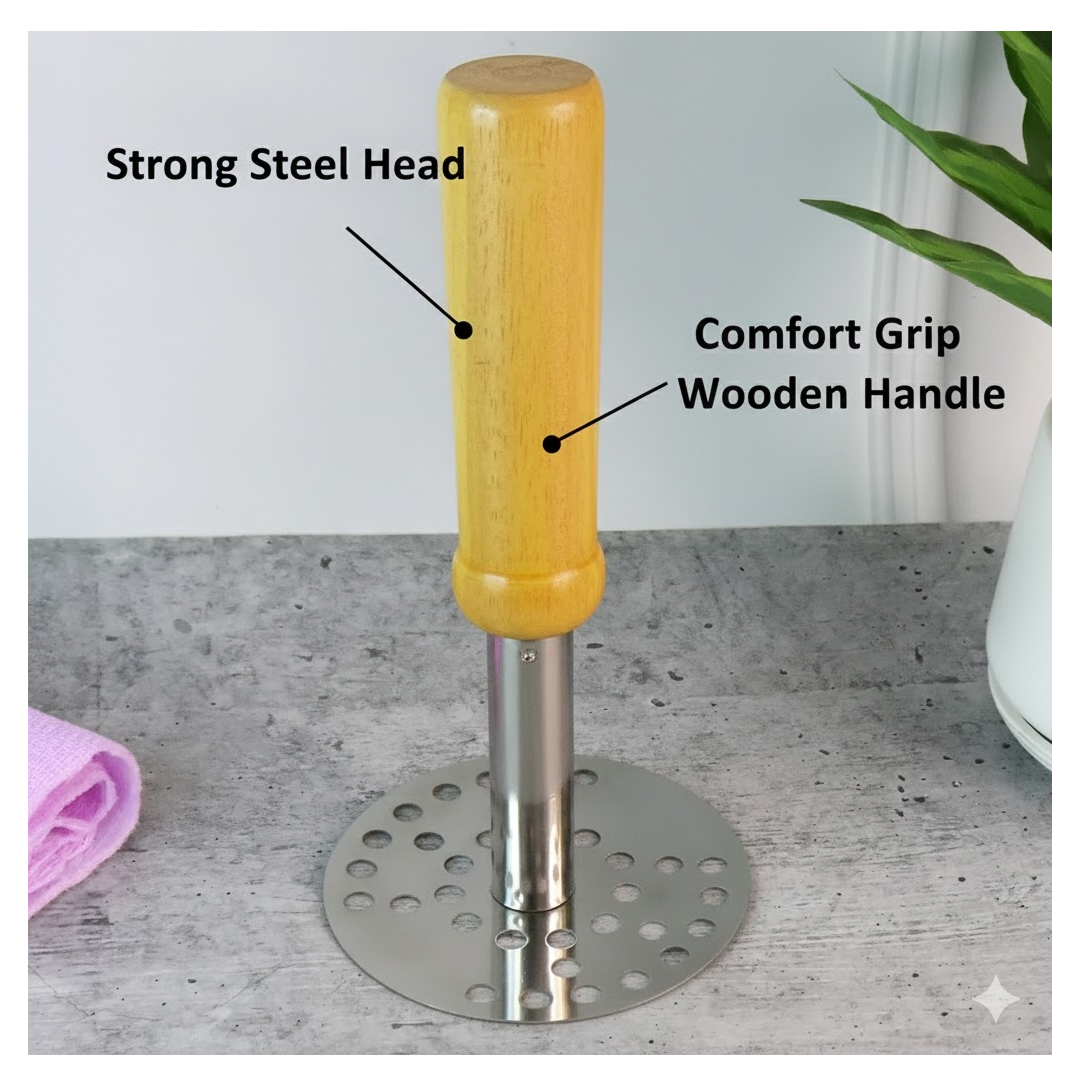 A stainless steel masher with a light wooden handle stands on a gray counter, with text highlighting the steel head and