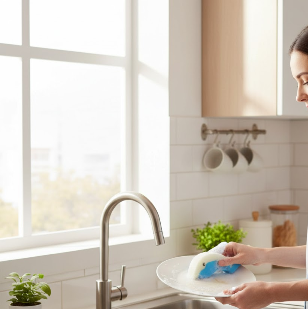 A person uses the blue and white dolphin sponge to clean a white plate in a bright kitchen with a large window.