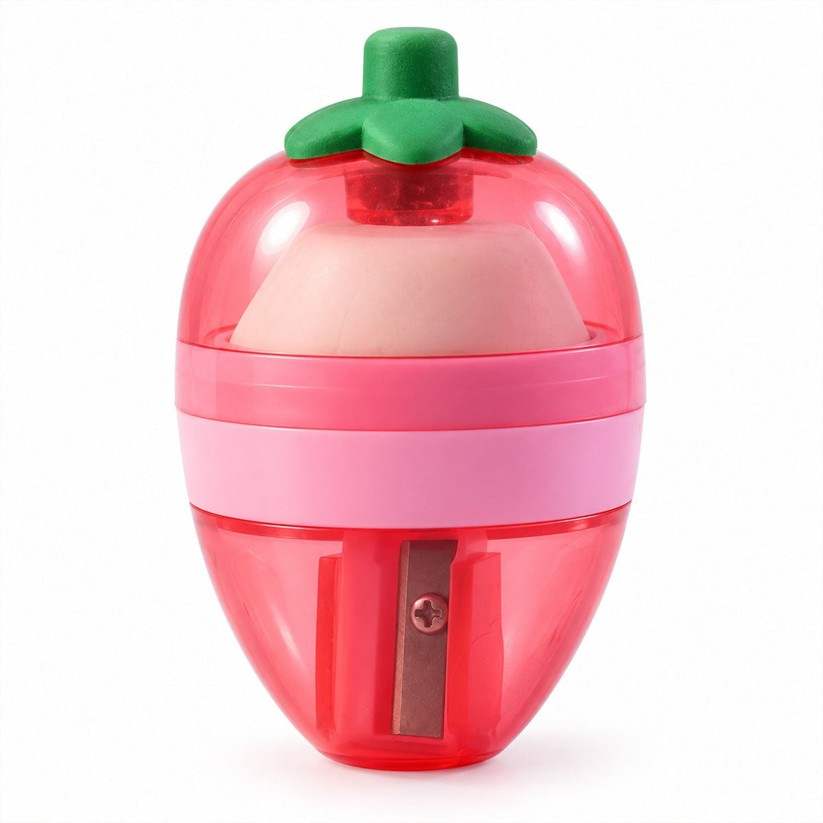 A single pink and red strawberry-shaped sharpener with a green stem and an internal white eraser.