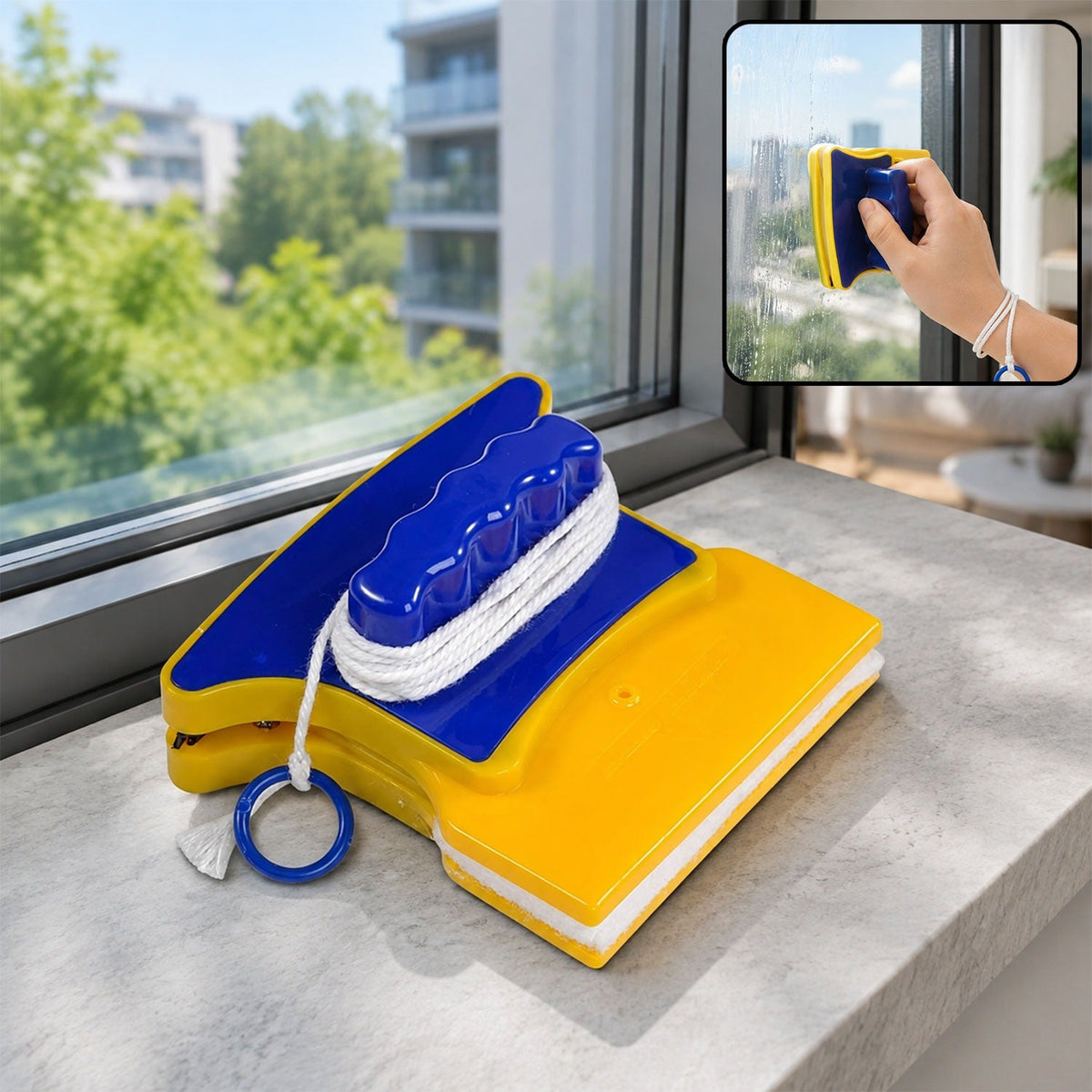 Blue and yellow magnetic window cleaner on a windowsill, cleaning a window in the inset.