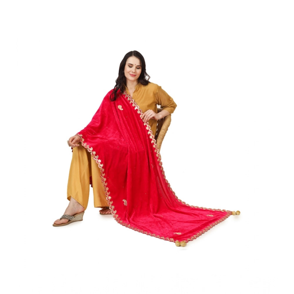 Generic Women's Velvet Gotta Patti Dupatta (Pink, Length: 2.25 to 2.50 Mtr)