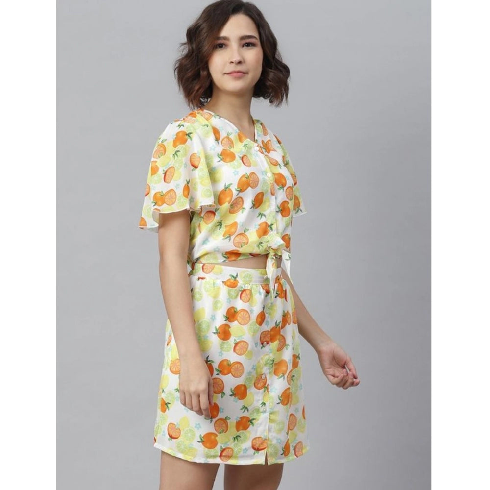 Generic Women's Polyester Printed Flutter Above Knee Dress (Orange - Yellow)