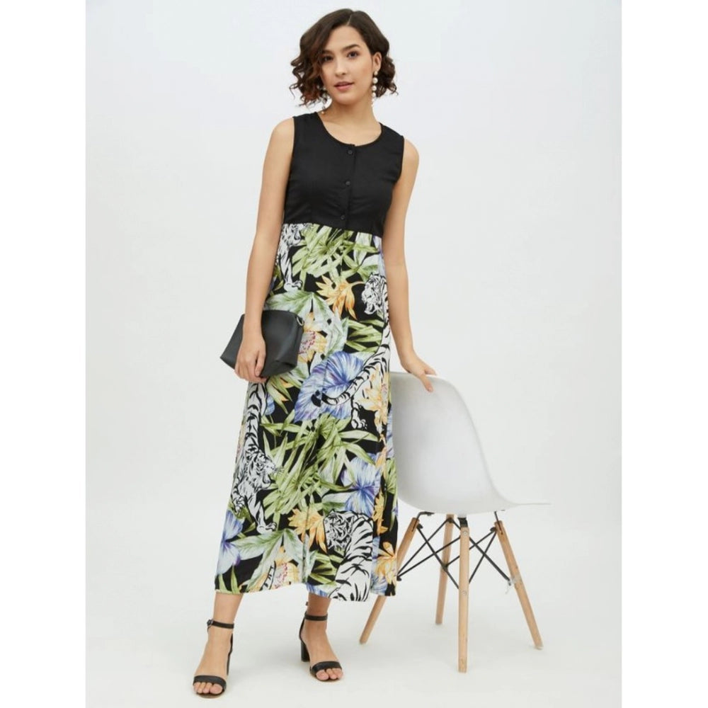 Generic Women's Rayon Floral Sleeveless Calf-length Dress (Multicolor)