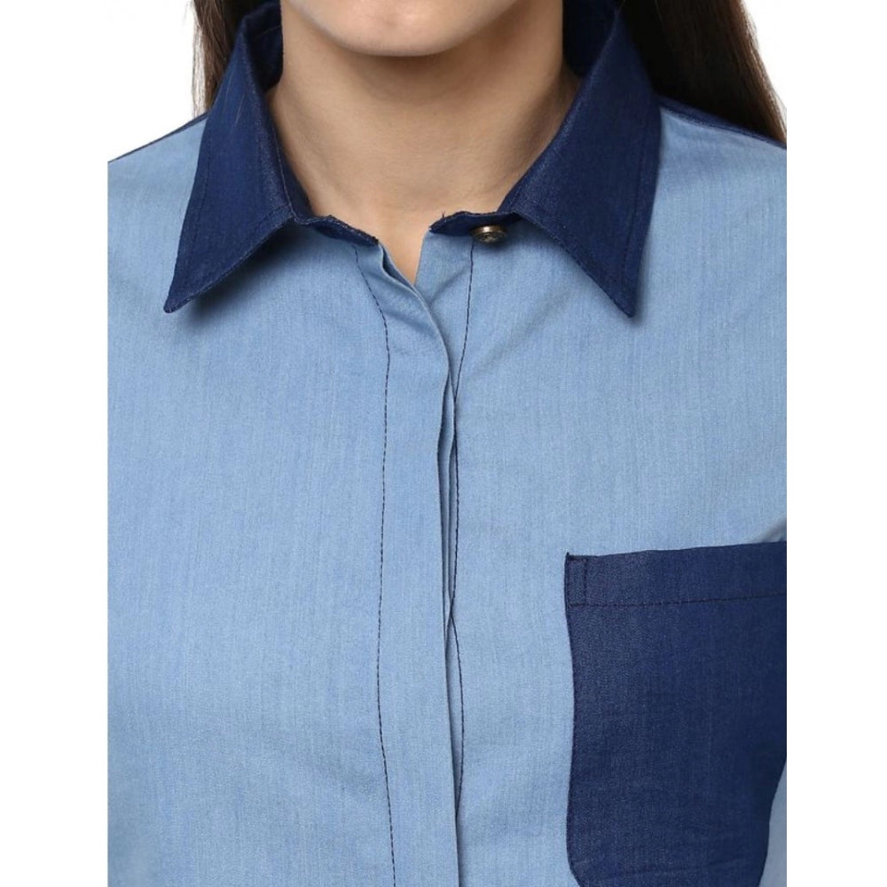 Generic Women's Denim Patch Work Long Sleeves Regular Top (Blue)