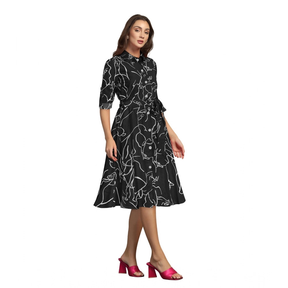 Generic Women's Ruby Cotton Printed Shirt Collar 3-4th Sleeve Dress (Black)