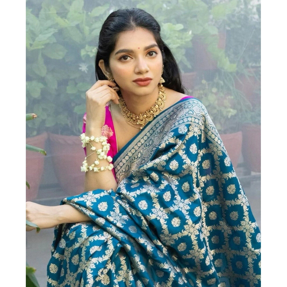 Generic Women's Silk Printed Saree With Unstitched Blouse 5.5Mtr (Sky Blue)