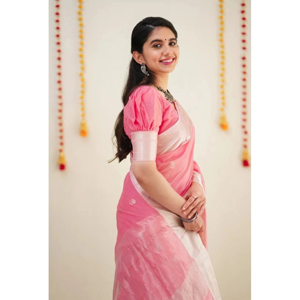 Generic Women's Cotton Printed Saree With Unstitched Blouse 5.5Mtr (Pink)