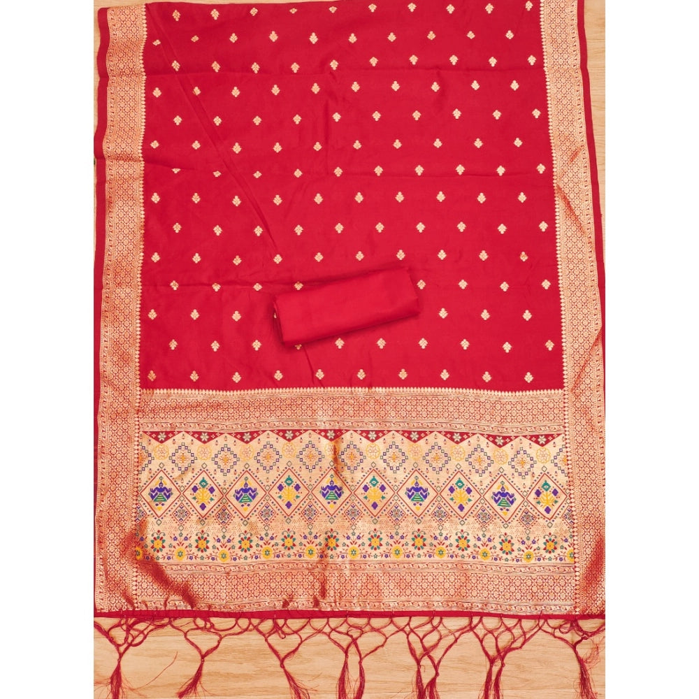 Generic Women's Banarasi Silk Printed Unstitched Salwar Suit Material With Dupatta (Red, 3Mtrs)