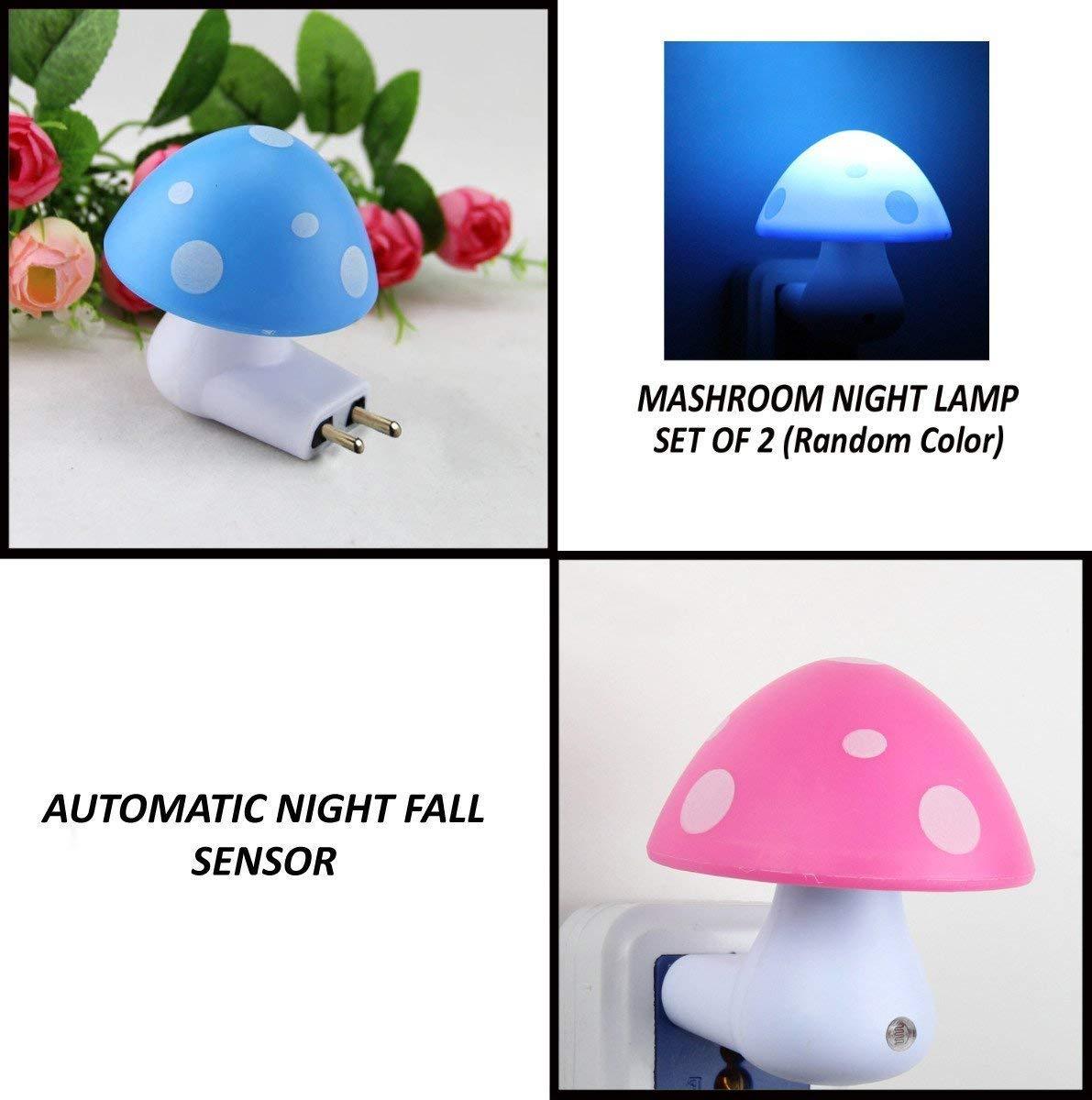A collage showing a blue mushroom night light, a glowing blue mushroom light, and a pink mushroom night light in a socket.