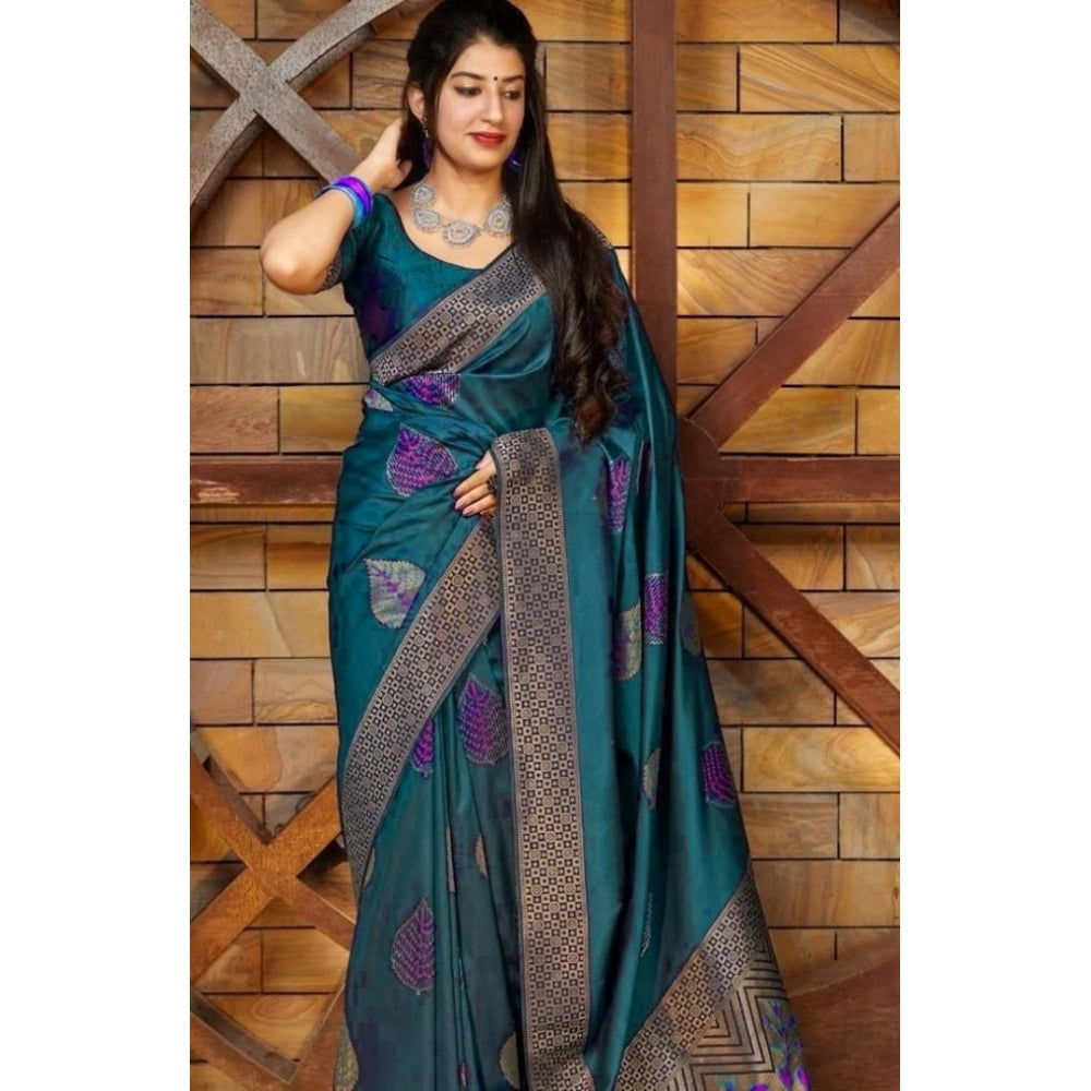 Generic Women's Litchi silk Printed Saree With Unstitched Blouse (Rama Blue)
