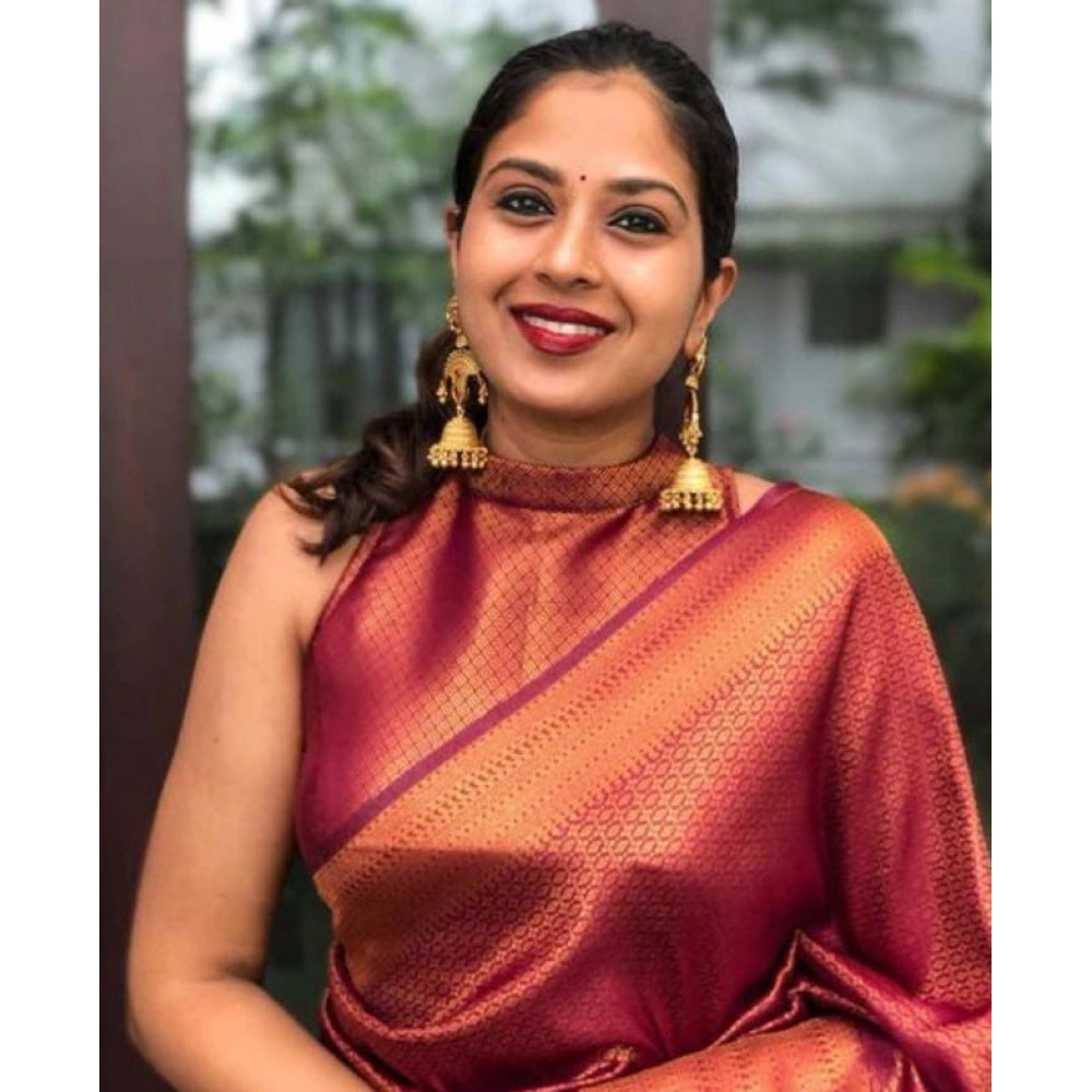 Generic Women's Litchi silk Printed Saree With Unstitched Blouse (Red)