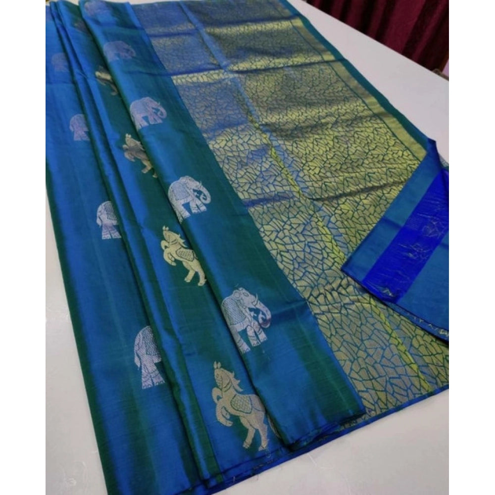 Generic Women's Litchi silk Printed Saree With Unstitched Blouse (Turquise Blue)