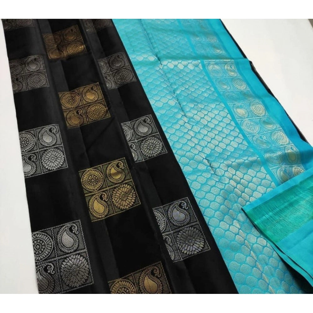 Generic Women's Litchi silk Printed Saree With Unstitched Blouse (Black With Blue)