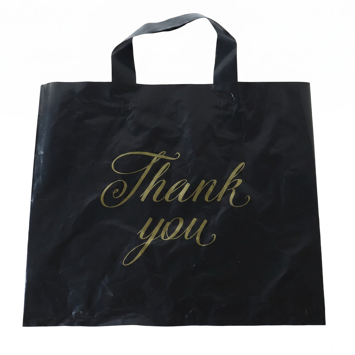 A black plastic 'Thank You' bag with gold script is displayed flat against a plain white background.