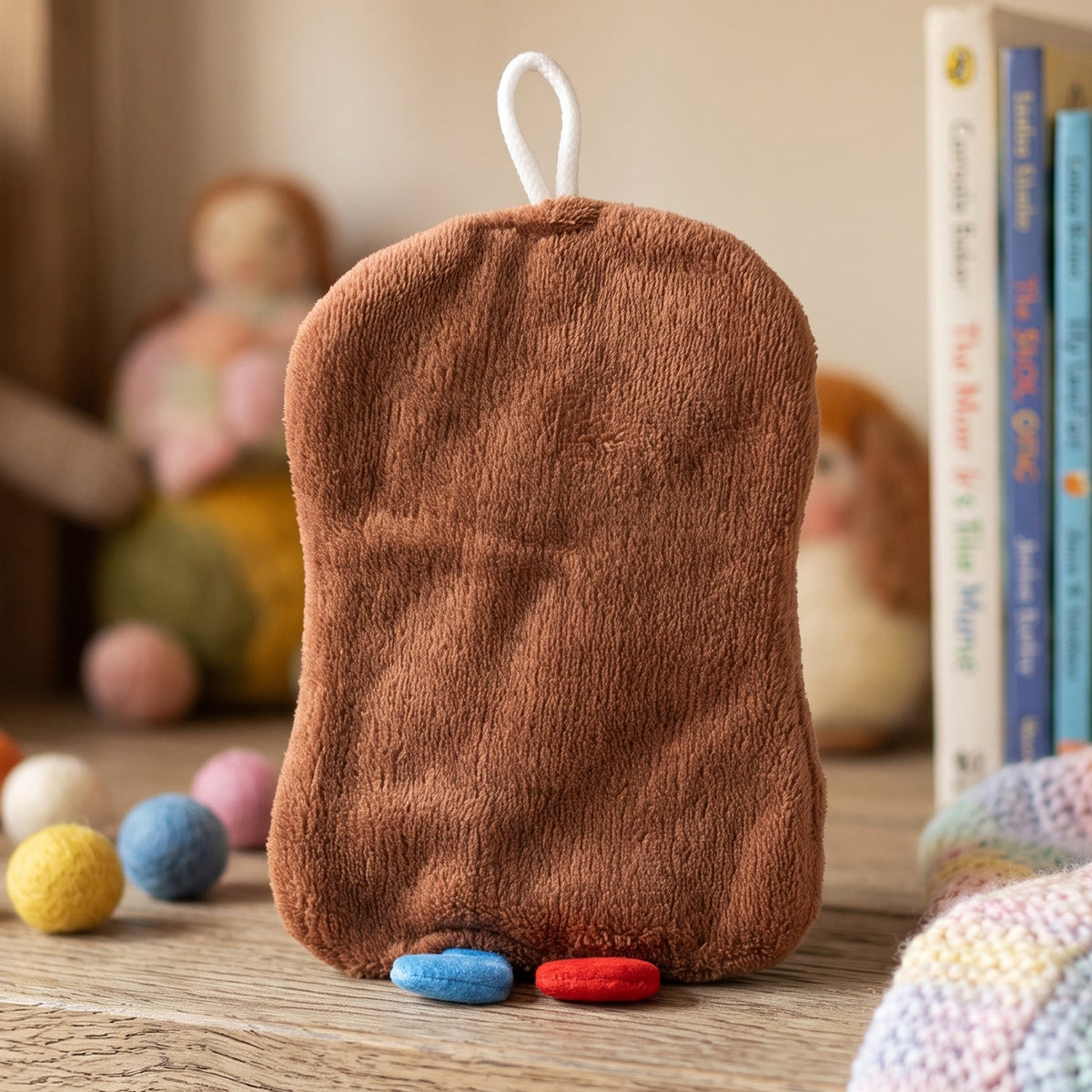 The back of a brown microfiber bread slice towel with two small feet, standing upright on a wooden surface.