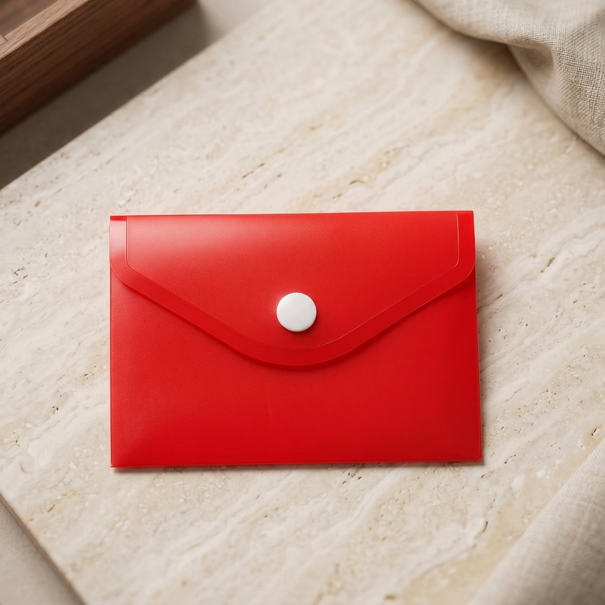 A red plastic document folder envelope with a white button closure rests on a light marble surface, with a textured beige