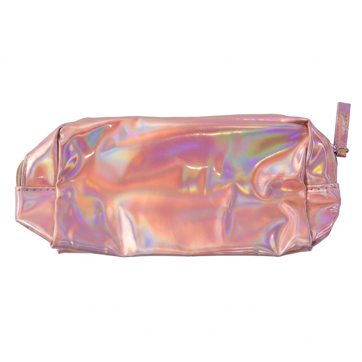 A woman's hands reach into the open holographic pink makeup bag on a bathroom counter with other cosmetics.