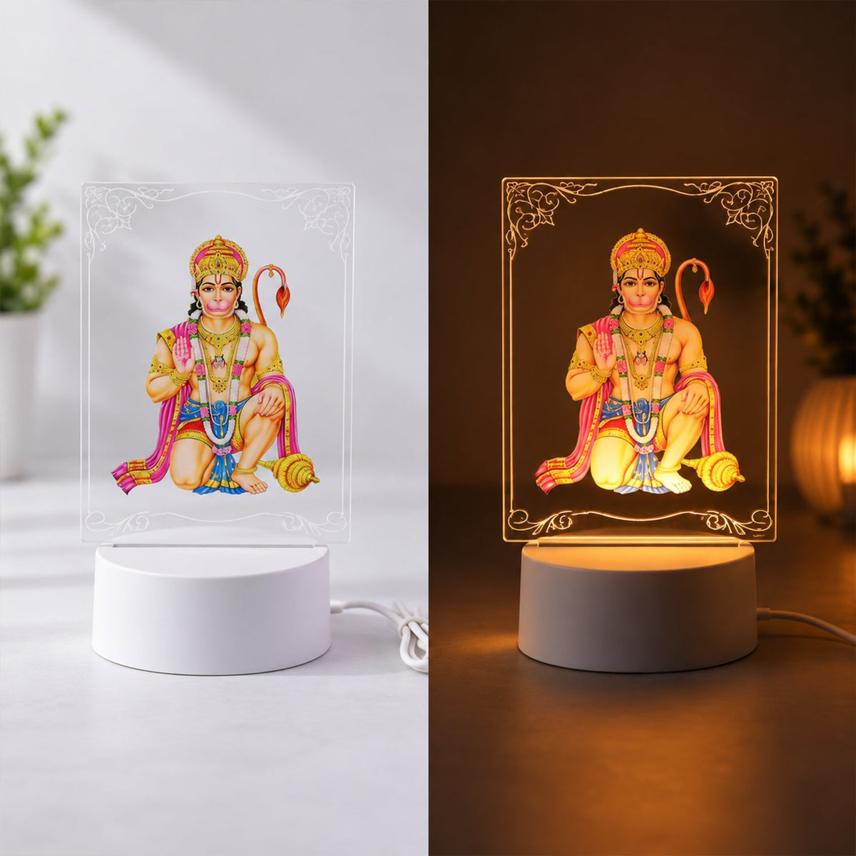 A split image of the Hanuman LED lamp, showing it unlit on the left and glowing warmly on the right.