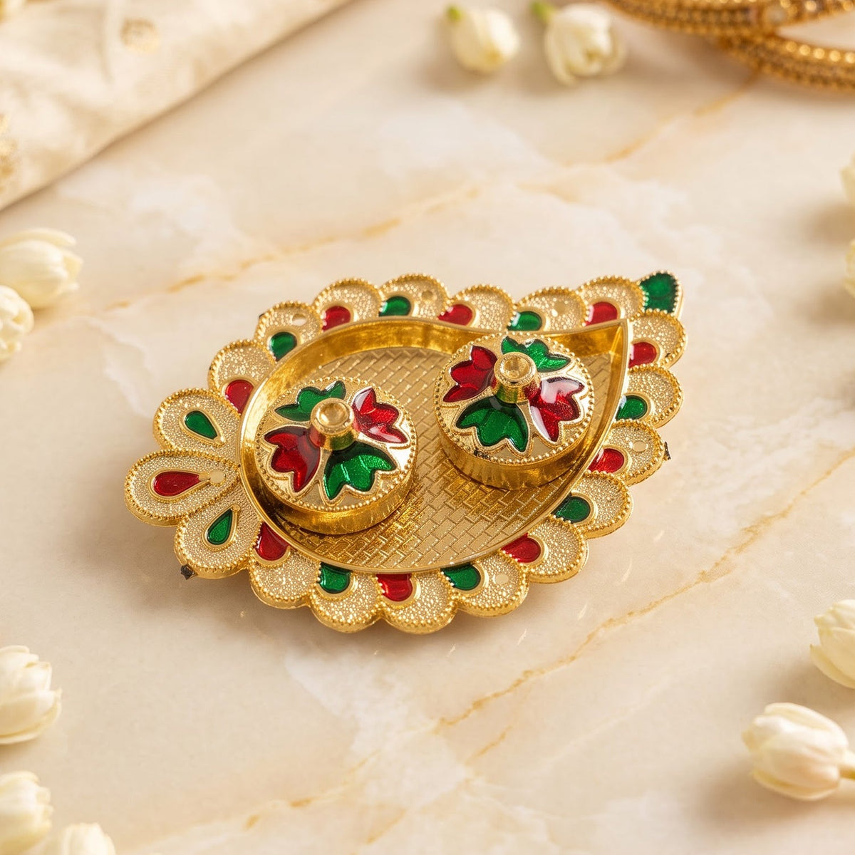 Mango Shape Kumkum Dish with 2 Diya Stands for Puja Thali Decor