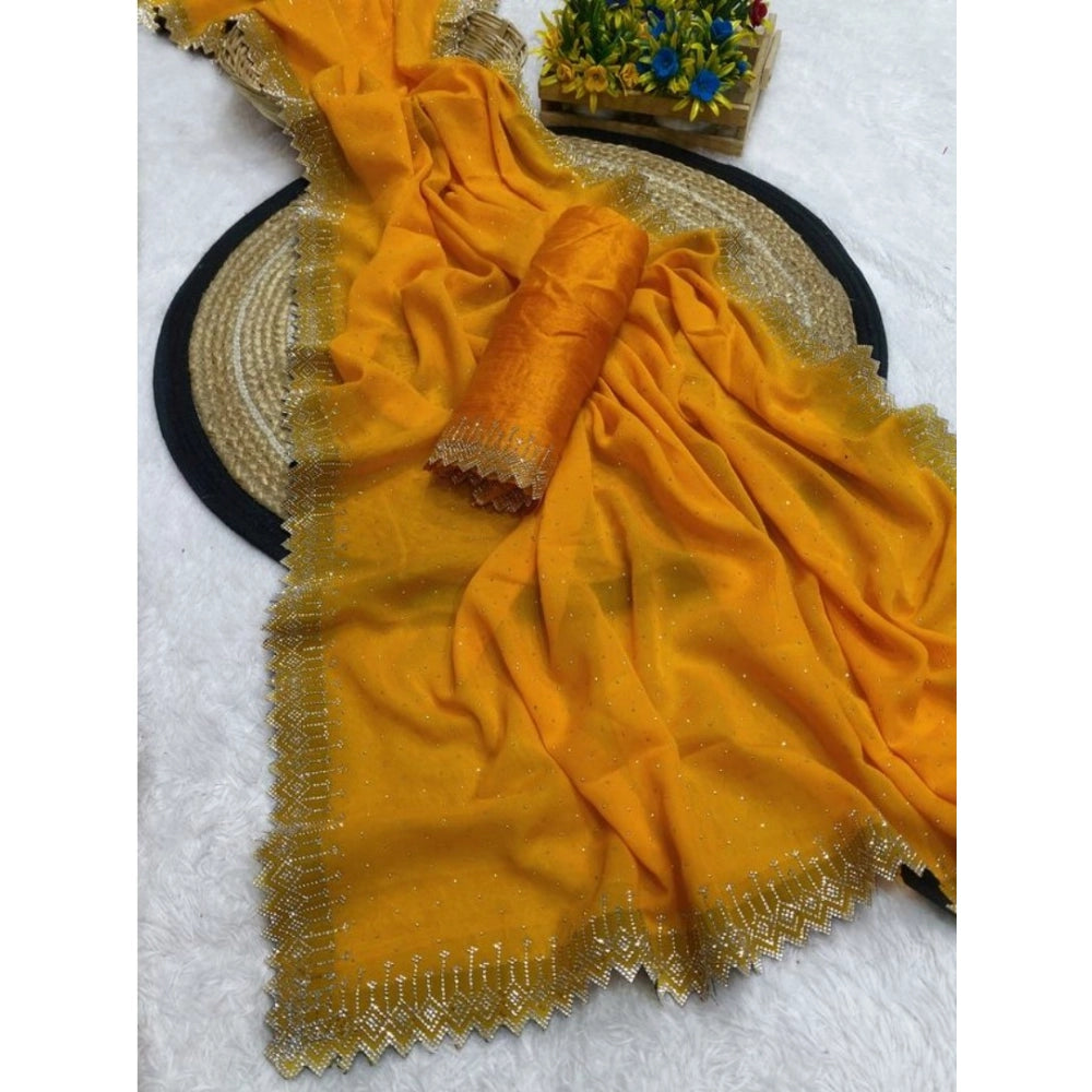 Generic Women's Georgette Stone Work Saree With Unstitched Blouse 5.5Mtr (Yellow)
