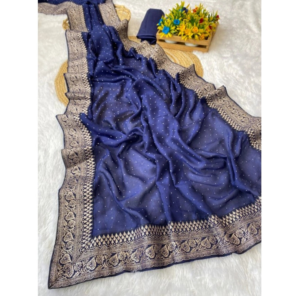 Generic Women's Silk Embroidred Saree With Unstitched Blouse 5.5Mtr (Blue)