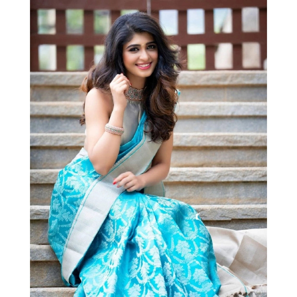 Generic Women's Soft Lichi Silk Printed Saree With Unstitched Blouse 5.5Mtr (Sky-Blue)
