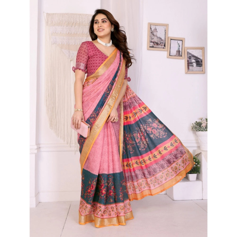 Generic Women's Linen Cotton Printed Saree With Unstitched Blouse 5.5Mtr (Pink)