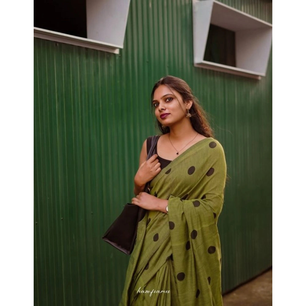 Generic Women's Linen Printed Saree With Unstitched Blouse 5.5Mtr (Green)