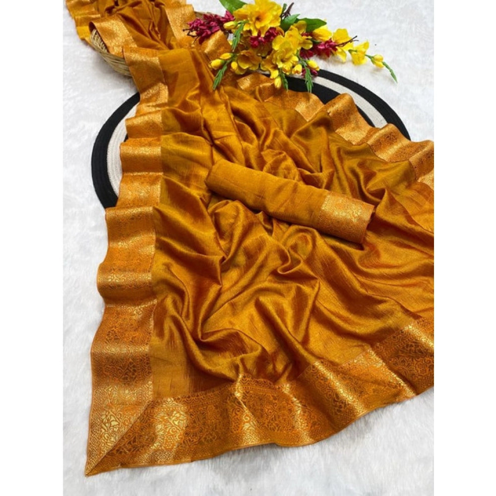 Generic Women's Vichitra Silk Printed Saree With Unstitched Blouse 5.5Mtr (Mustard)