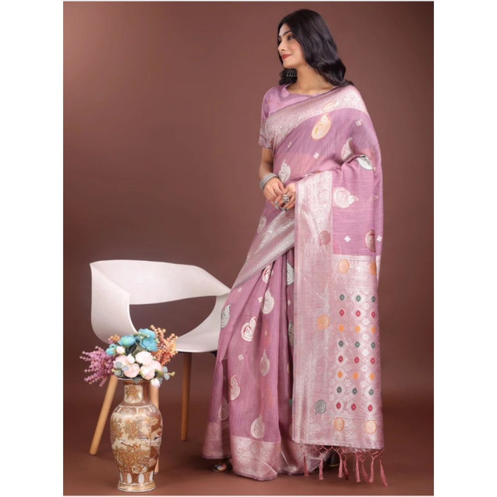 Generic Women's Linen Cotton Printed Saree With Unstitched Blouse 5.5Mtr (Purple)