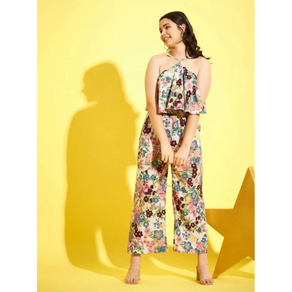 Generic Girl's Polyester Crepe Floral Sleeveless Jumpsuit (Multicolor)