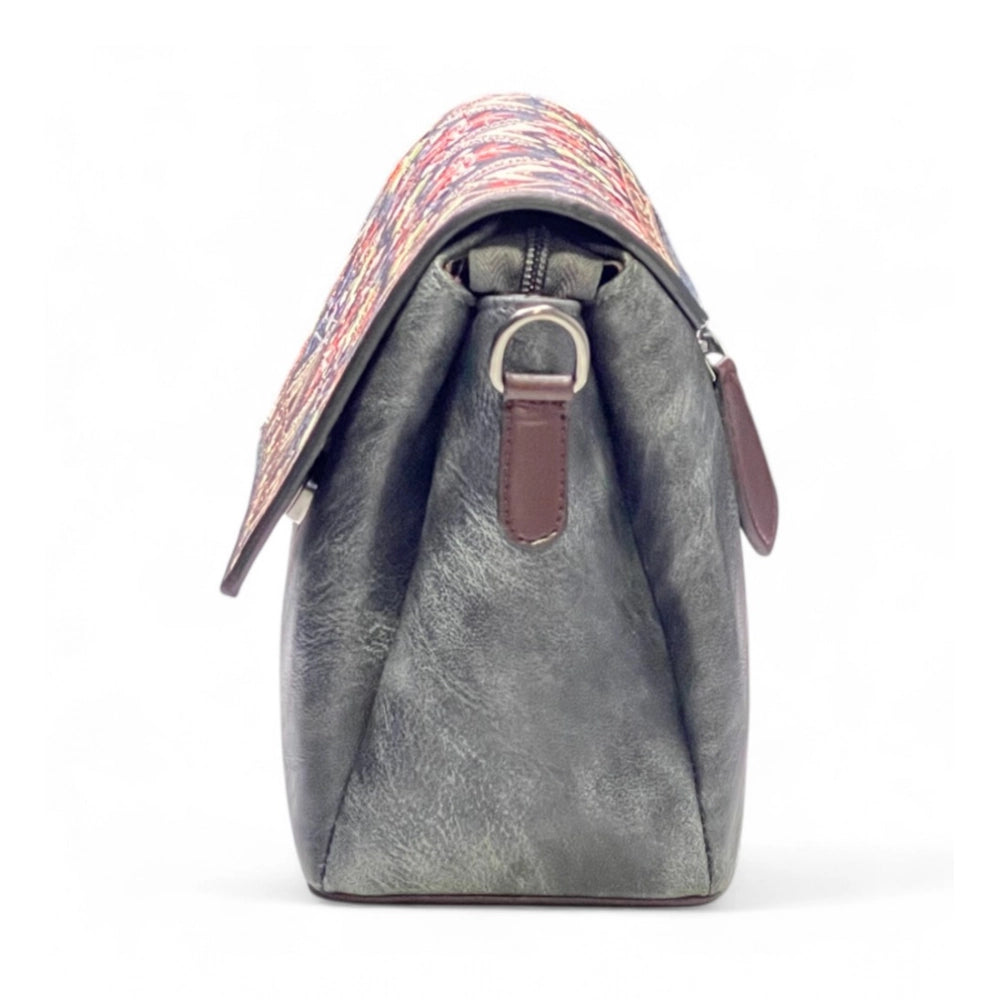 Generic Women's Polyurethane Floral Embroidered Crossbody Sling Bag with Adjustable & Removable Strap (Grey)
