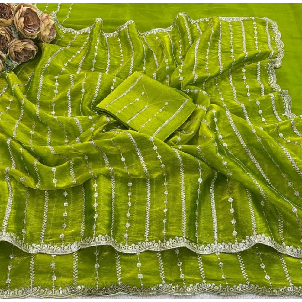 Generic Women's Jimmy Choo Embellished Saree With Unstitched Blouse 5.5Mtr (Olive Green)
