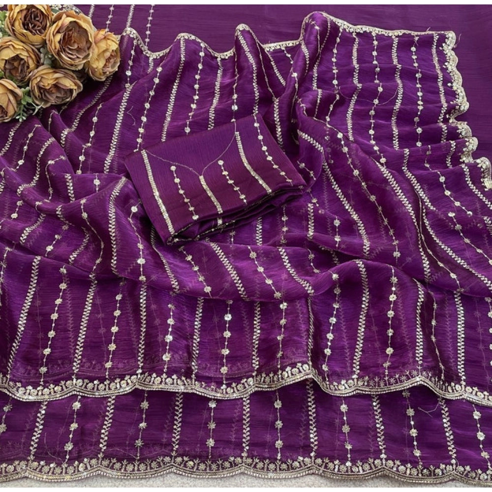 Generic Women's Jimmy Choo Embellished Saree With Unstitched Blouse 5.5Mtr�(Purple)