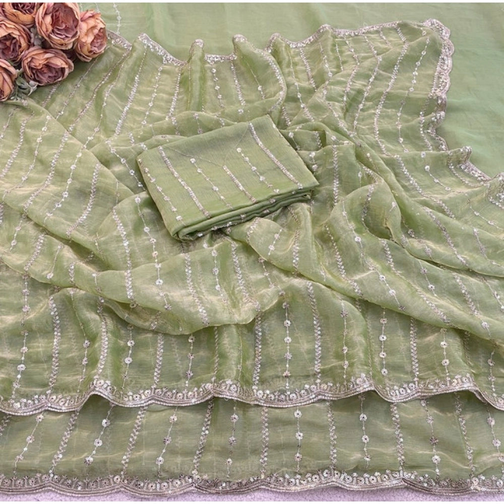 Generic Women's Jimmy Choo Embellished Saree With Unstitched Blouse 5.5Mtr�(Green)