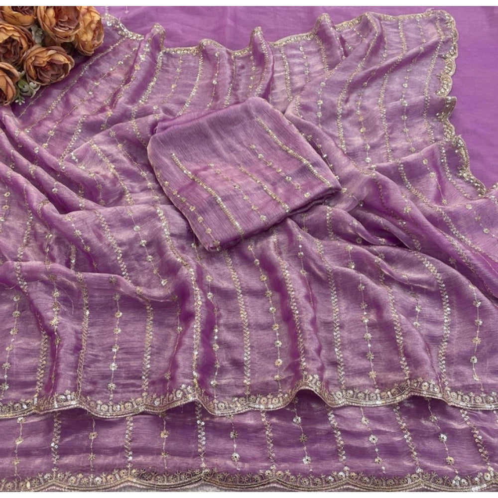 Generic Women's Jimmy Choo Embellished Saree With Unstitched Blouse 5.5Mtr�(Lavender)