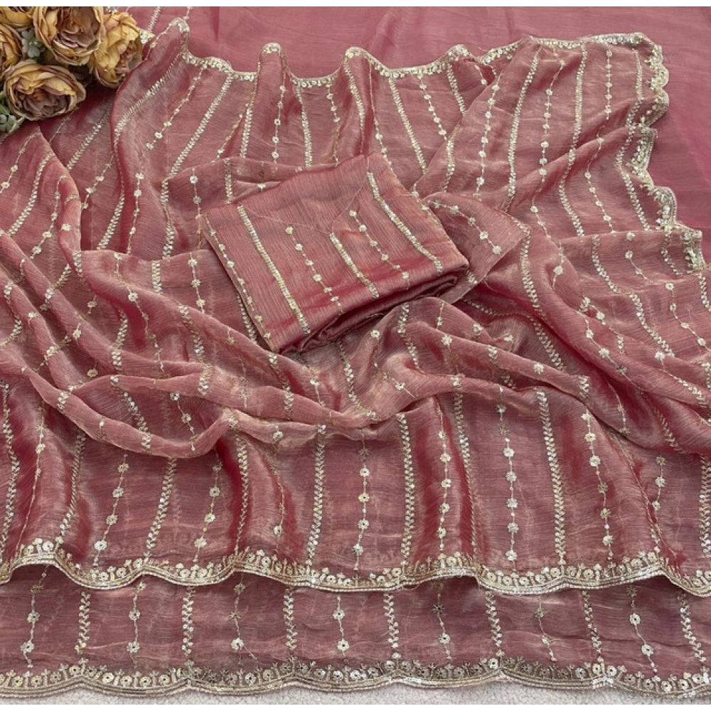 Generic Women's Jimmy Choo Embellished Saree With Unstitched Blouse 5.5Mtr�(Pink)
