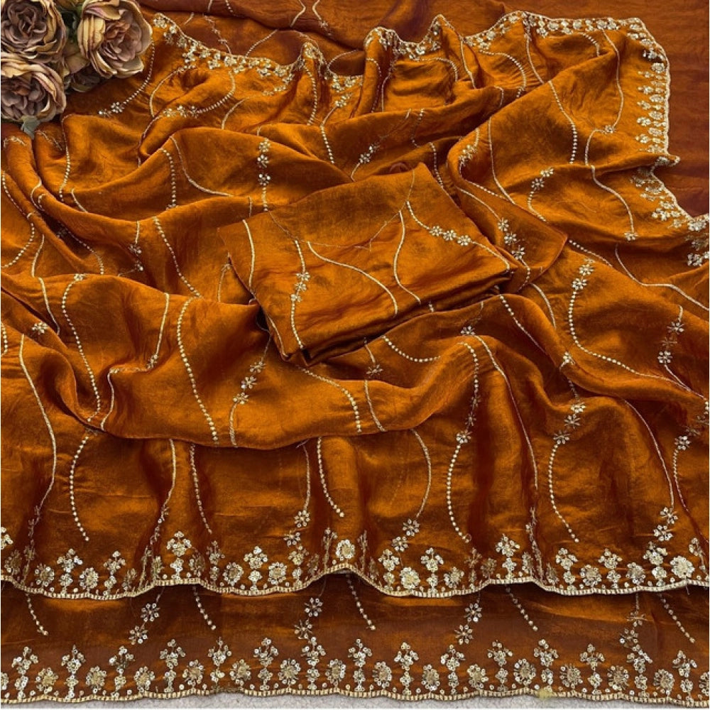 Generic Women's Jimmy Choo Embellished Saree With Unstitched Blouse 5.5Mtr�(Orange)