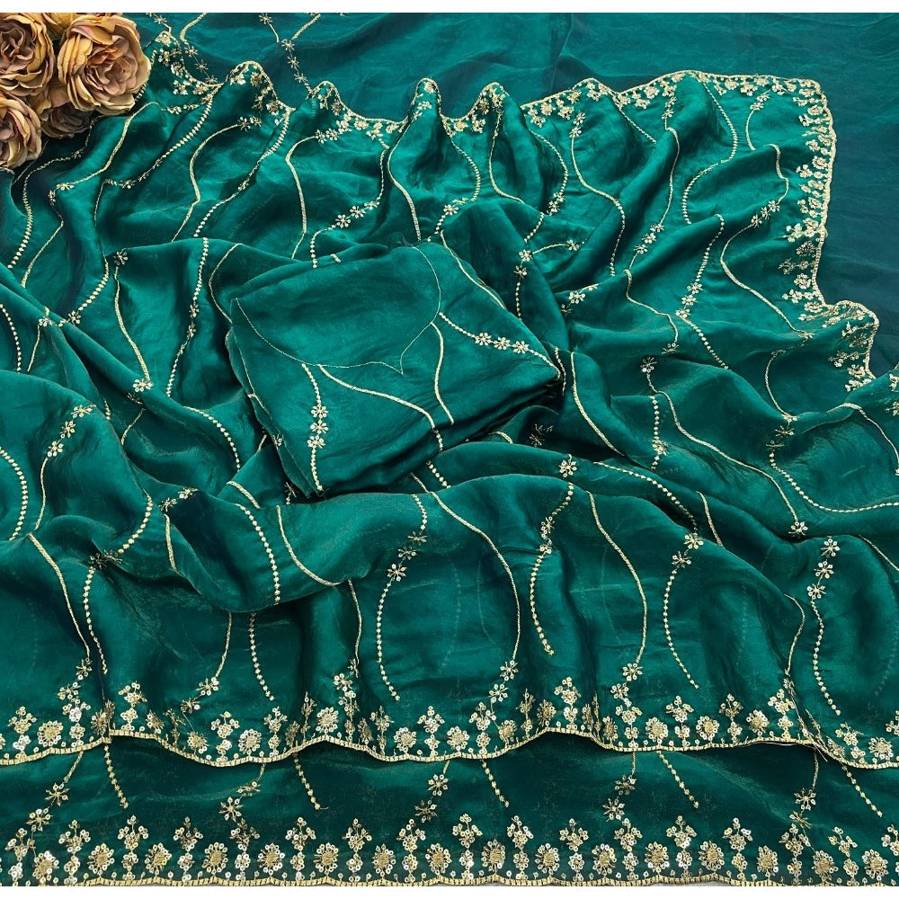 Generic Women's Jimmy Choo Embellished Saree With Unstitched Blouse 5.5Mtr�(Bottle Green)